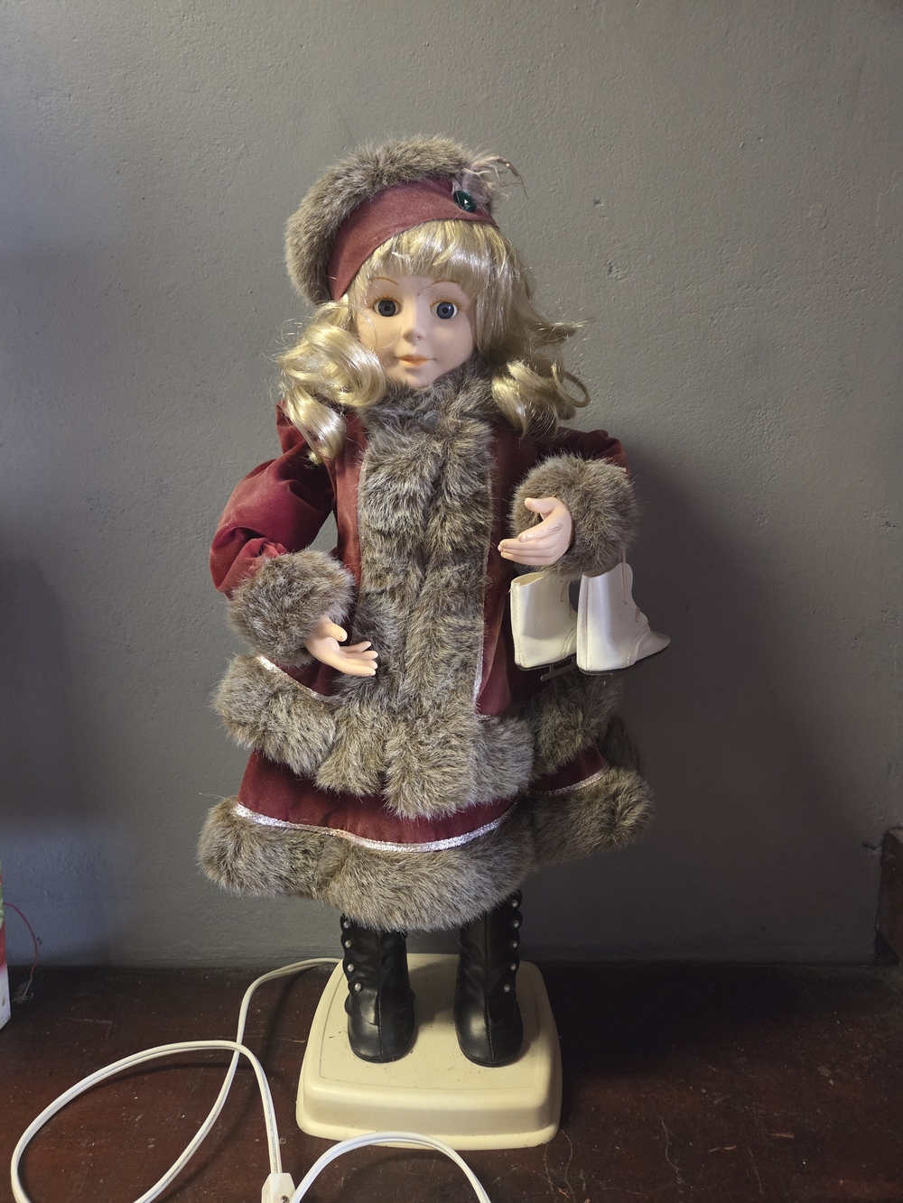 Vintage- Burgundy and Faux Fur Doll with Ice Skates - Electric With Moving Hands